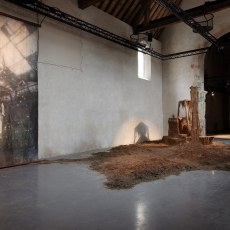 Florian Pugnaire, Fossile, 2013. Wood structure, tow, natural coating, vegetal earth, approx, 450 x 280 x 140 cm