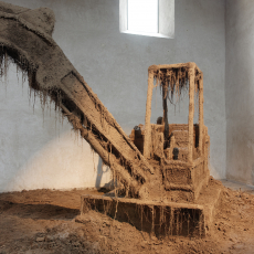 Florian Pugnaire, Fossile, 2013. Wood structure, tow, natural coating, vegetal earth, approx, 450 x 280 x 140 cm