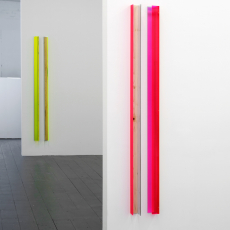 Jyll Bradley, G/raft 1&2, each two part sculpture of pink fluorescent edge-lit Plexiglas, two-way mirrored Plexiglas and vintage sawn hop hole, each part: 168 x 7.5 x 6 cm (Height of the work is the height of the artist), Edition of 3