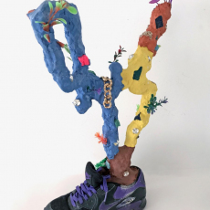 Karen Tang, Max Growth Bling, Nike Air Max 90 trainer, plywood, steel, Mapei coloured grout, crystacal lamina, fibreglass, fimo, jewellery, imitation plants, fruit packaging net, 54cm x 36cm x 24cm